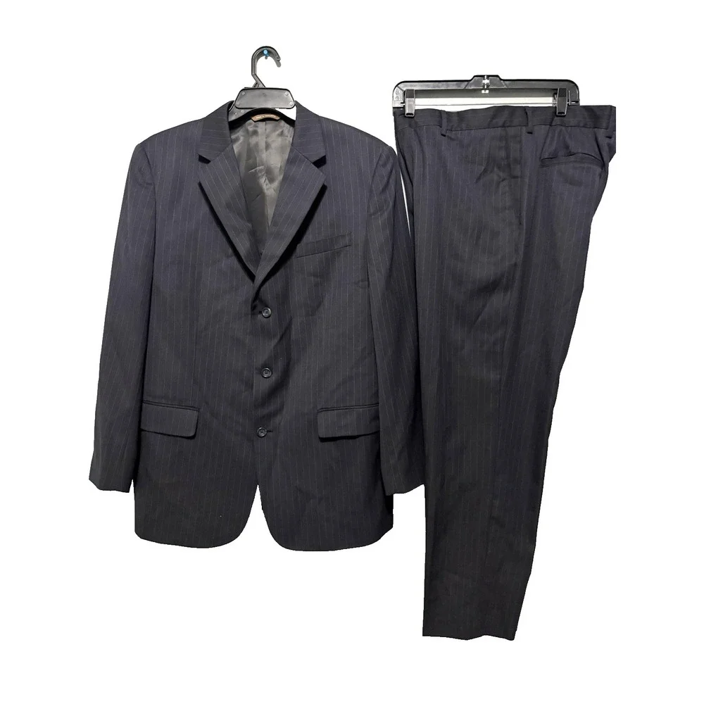 Merona 44R 2PC Suit Blazer Men Pants 36x30 Poly Blend Deep Navy Blue Gray Stripe